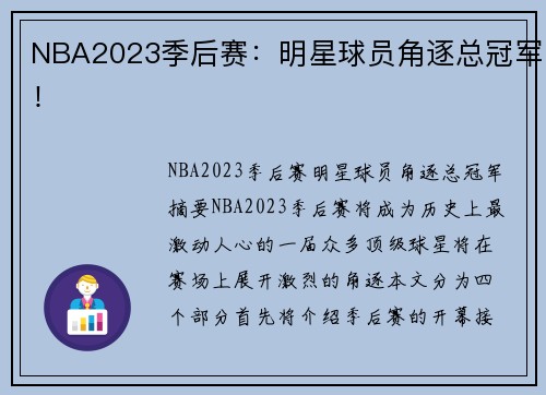 NBA2023季后赛：明星球员角逐总冠军！